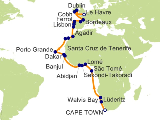 34 Night Atlantic Africa and Europe Cruise from Cape Town