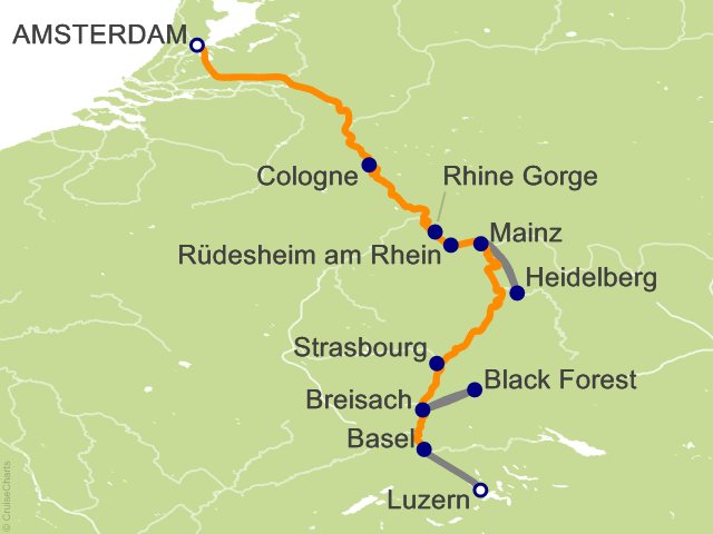 10 Night Romantic Rhine with 1 Night in Amsterdam and 2 Nights in Lucerne (Southbound) Cruise and Land Tour from Amsterdam