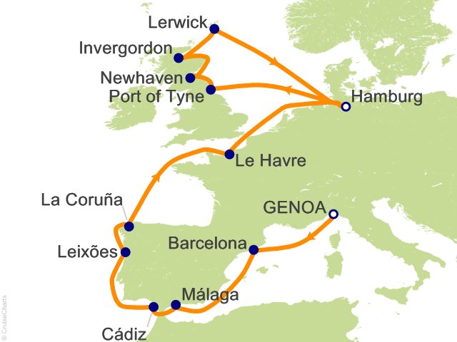 18 Night Mediterranean and Northern Europe Cruise from Genoa