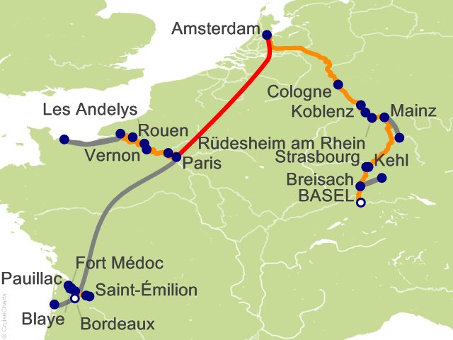 21 Night Vineyards Chateaux and Bordeaux Cruise and Land Tour from Basel (Saxon)